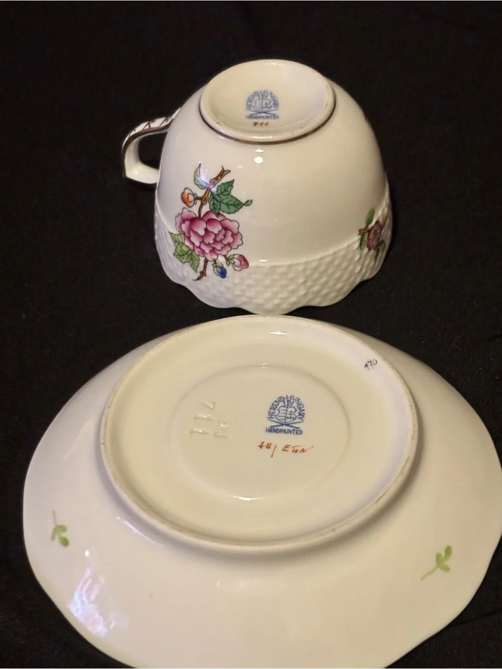 Vintage Herend ETON Demitasse Porcelain Teacup and Saucer. Pink Floral Pattern